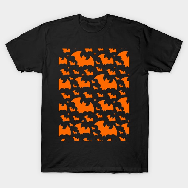 Orange Bat Wings on Black -  Halloween Autumn Stars Night Ornament T-Shirt by GrandTartaria